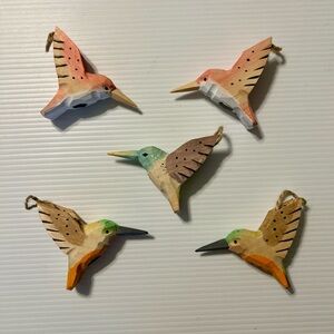 5 Hummingbirds Wooden Carved Lot Hanging Ornament